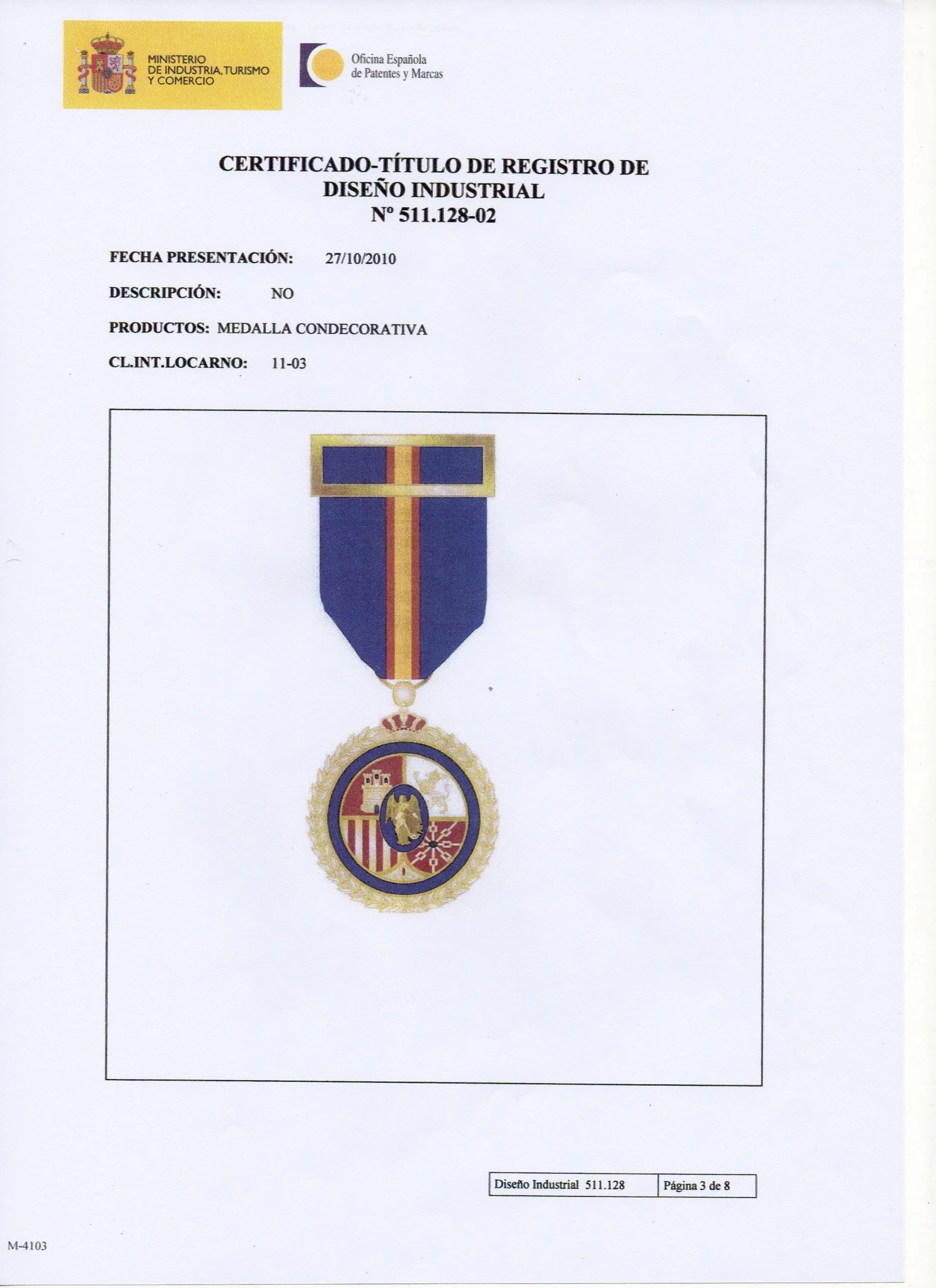 Certificado de registro del diseño de la medalla natural
