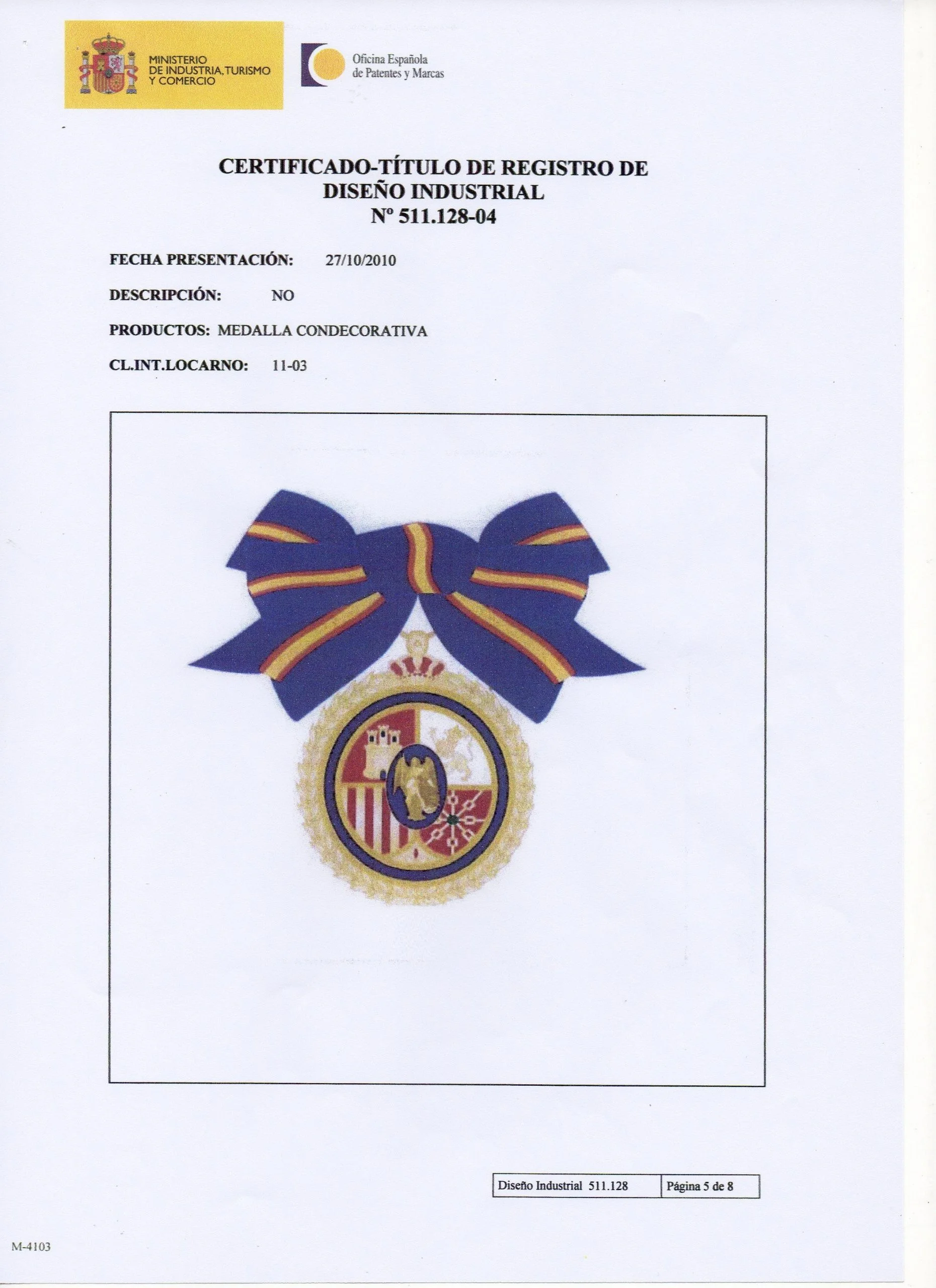 Certificado de registro del diseño del lazo de dama