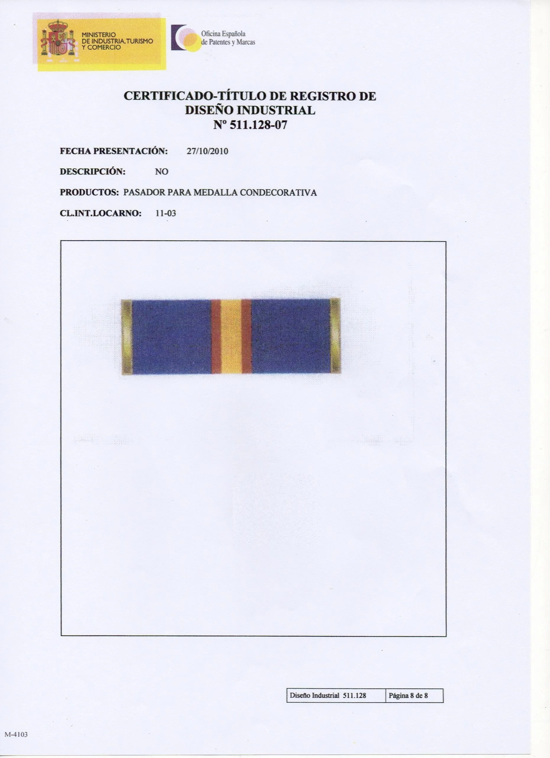 Certificado de registro del diseño del pasador de diario